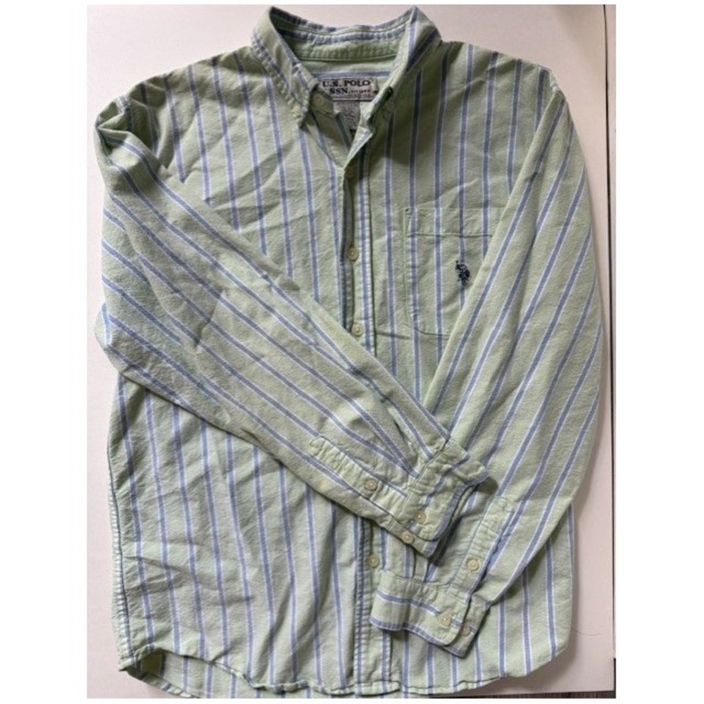 US Polo Assn Kids Large Green Blue Striped Long Sleeve Button Down Shirt Cotton